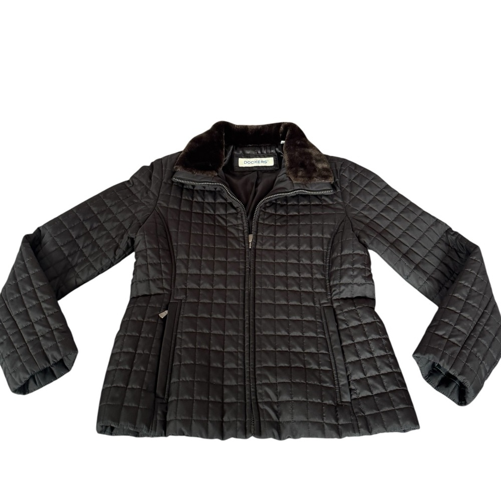 Vintage Dockers Women's‎ Puffy Quilted Jacket Black Fur Neck size M
